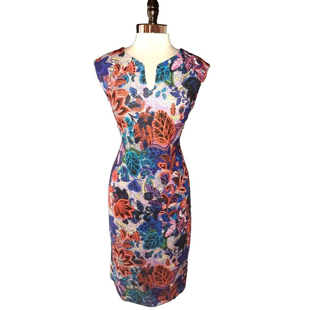 ECI NEW YORK Sz L Sheath Dress Black Blue Purple Floral Cap Sleeve Stretch Midi